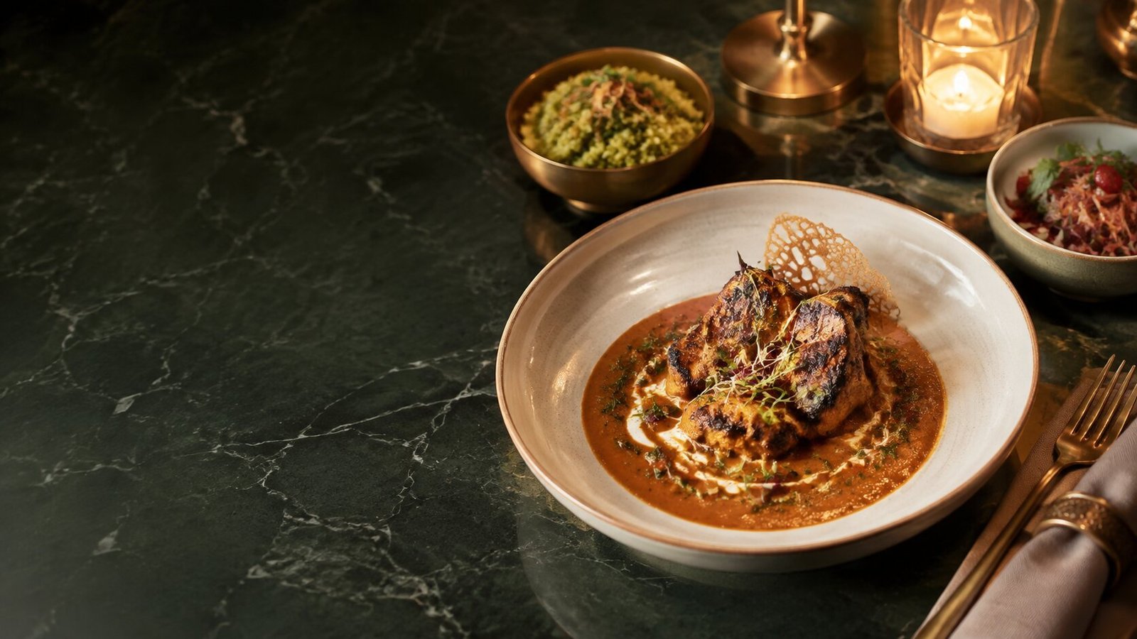 An elegant restaurant table set with beautifully plated food